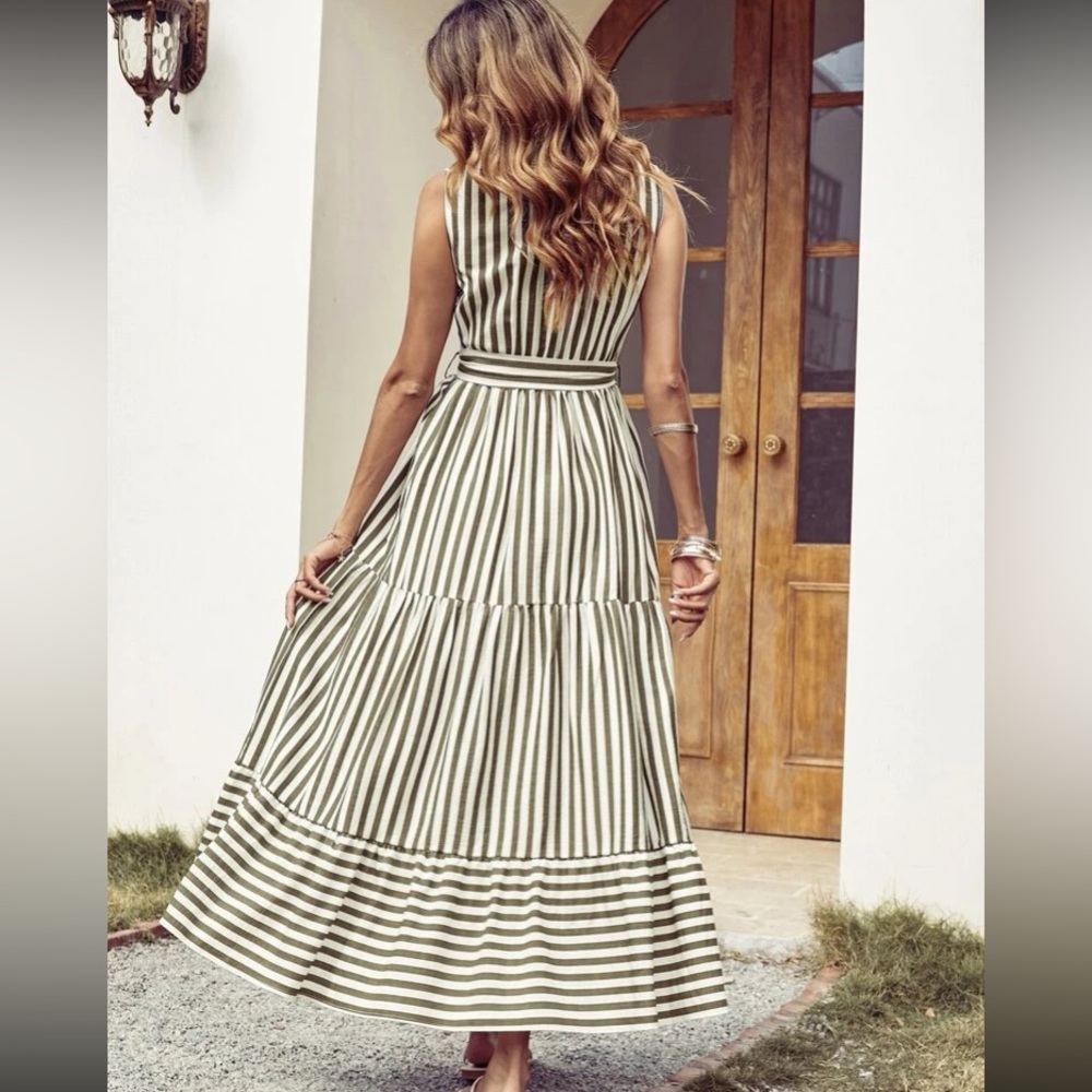 Boho Green White Striped Sleeveless Belted Maxi Dress - Picture 3 of 11